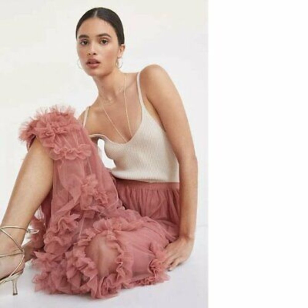Anthropologie Ruffled Tulle Midi Skirt Size L Rose Color